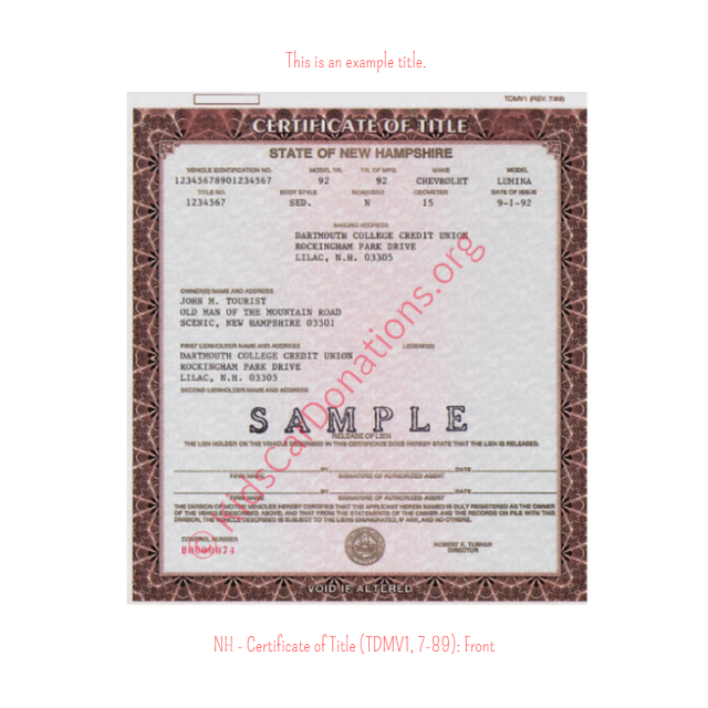 This is an Example of New Hampshire Certificate of Title (TDMV1, 7-89) Front View | Kids Car Donations